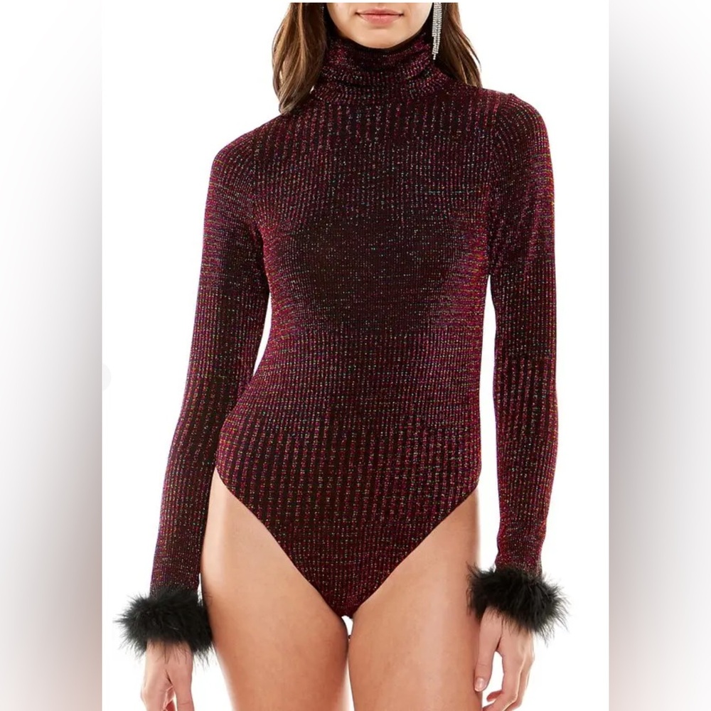 WAYF besos metallic turtleneck bodysuit - black/ red